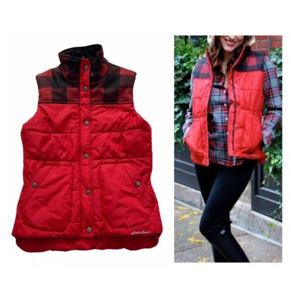 Eddie Bauer Jackets & Blazers - Eddie Bauer Red & Black Plaid Shoulder Detail Zip Up Fall Winter Puffer Vest XS